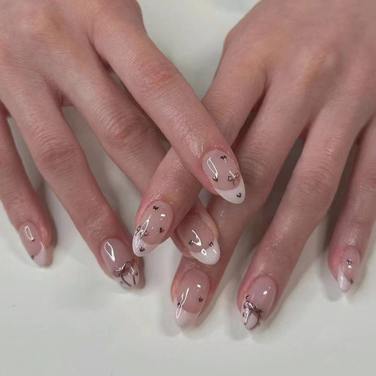 Wear nail pieces French pink nail art bow love fake nails  Internet celebrity nail art pieces wholesale｜365nails
