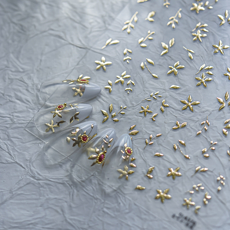 Green Gold Leaf & Star: "Fresh Spring" – 3D Embossed Nail Sticker