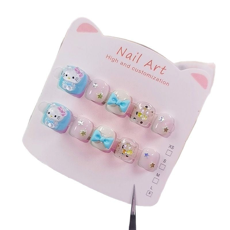 Blue Bow Hello Kitty Kids Press On Nails Set