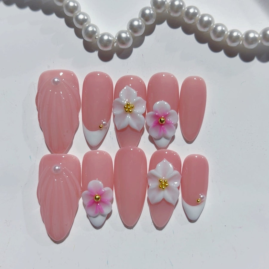 365nails-Sakura Dream: "Cherry Blossom Shell" – Almond Shape Handmade 3D Carved Press-On Nails