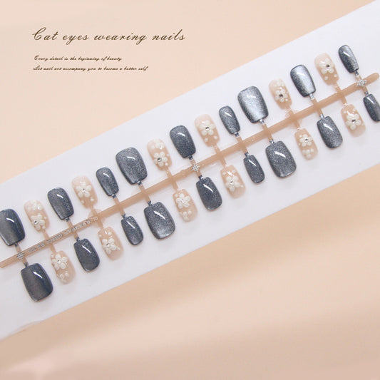 Pontas de unha pré-fabricadas, unhas postiças, unhas de pressão, peça de unha removível estilo nacional em formato de olho de gato com flor, remendo de manicure em T curto, modelo de broca｜365nails