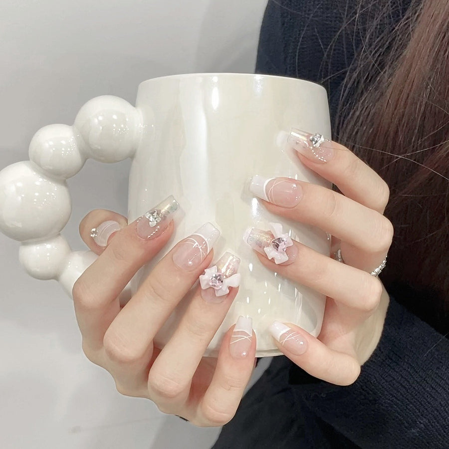 365nails: "Celestial Whisper" – 3D Bow & Iridescent Handmade Coffin Nails