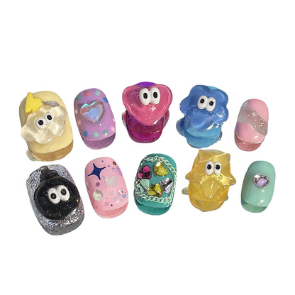 Candy color cartoon cute handmade press-on nails childlike fun small eyes sweet cool nail patch wearable nail sticker｜365nails