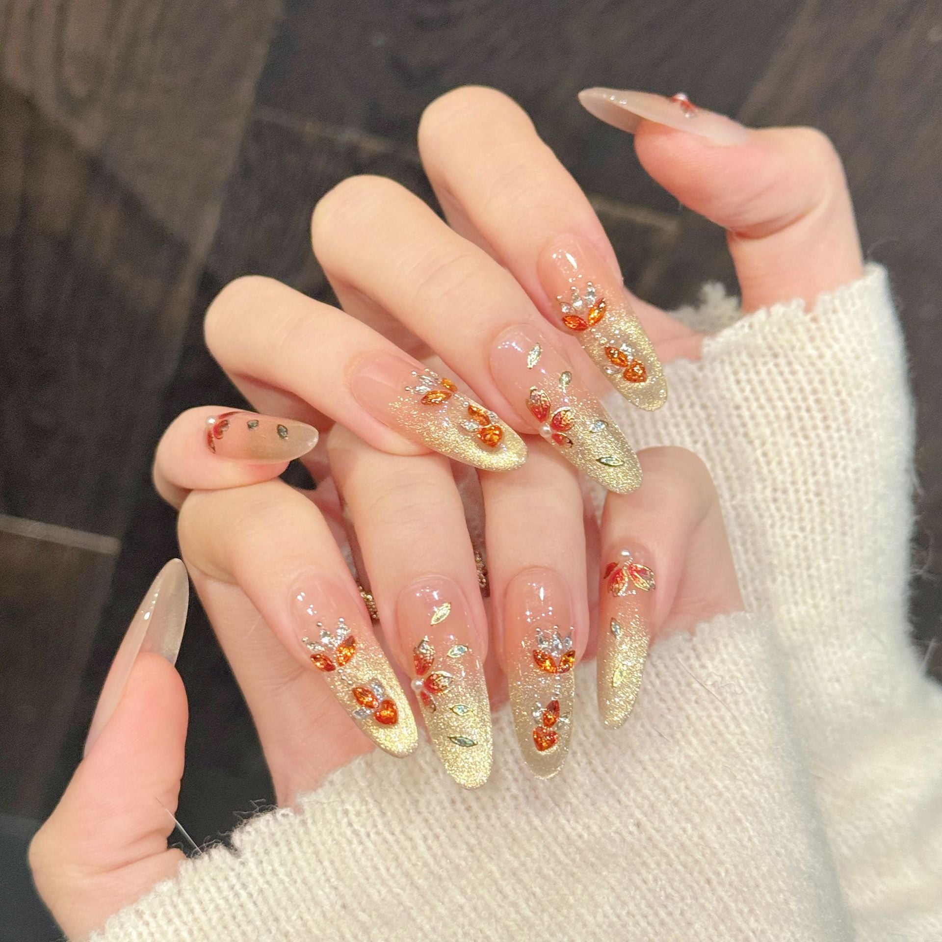 Peach Gold Glitter Floral Crystal Press On Nails