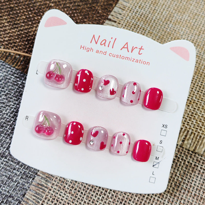 365nails: "raspberry jelly cherry" – short squoval handmade kids press-on nails