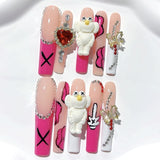 Pink Teddy Bear Heart Charm Statement Press On Nails