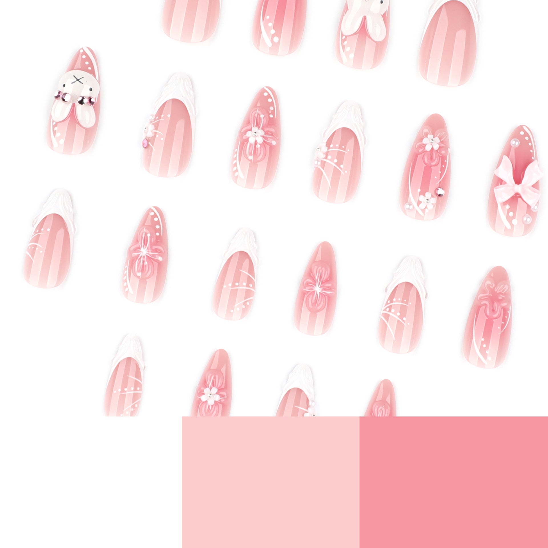 Long Almond Press On Nails with Pink Base & White Bunny & Bow & Floral Accents