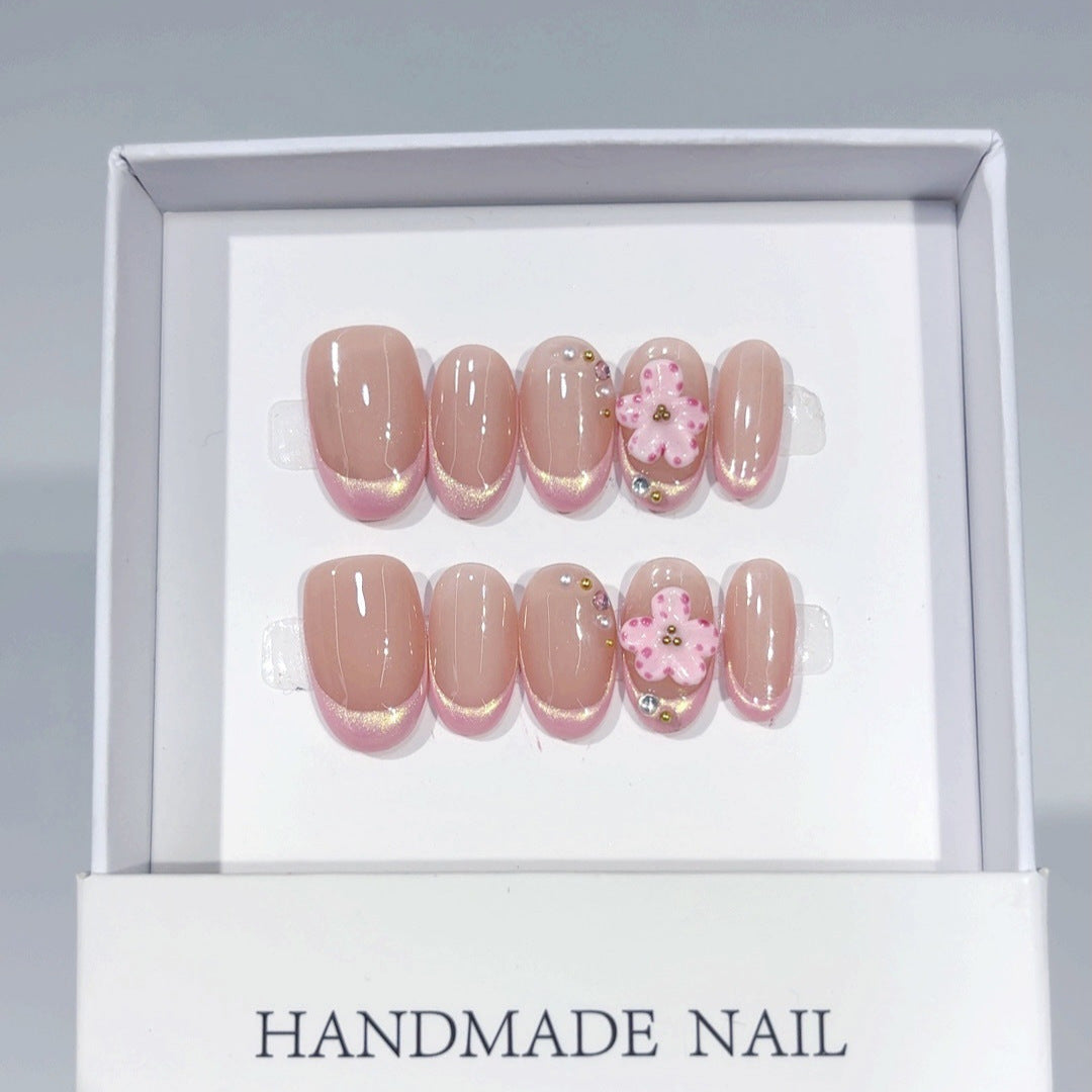 Sakura French: "Pink Flower & Magnetic Cat Eye" – Short Square Press-On Nails