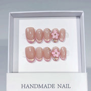 Sakura French: "Pink Flower & Magnetic Cat Eye" – Short Square Press-On Nails