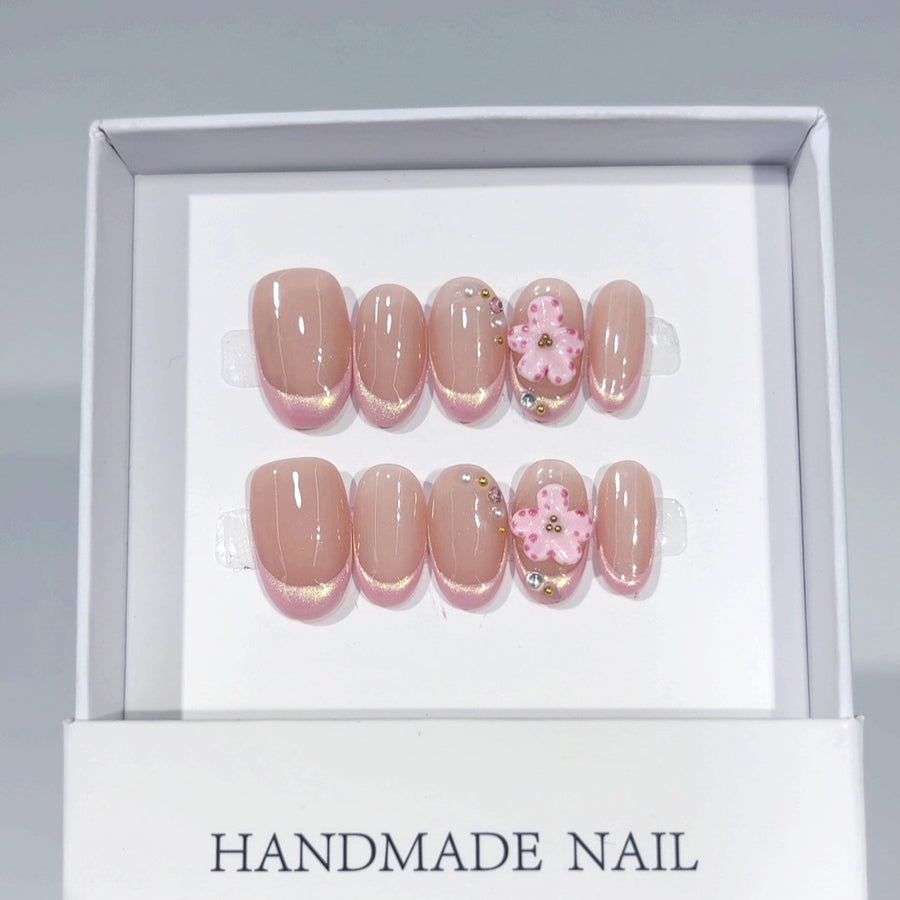 Sakura French: "Pink Flower & Magnetic Cat Eye" – Short Square Press-On Nails