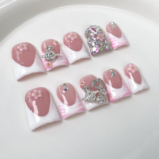 Unhas bico de pato, manicure francesa simples e doce, cheia de diamantes, gelo brilhante, unhas de pressão artesanais de alta qualidade｜365nails