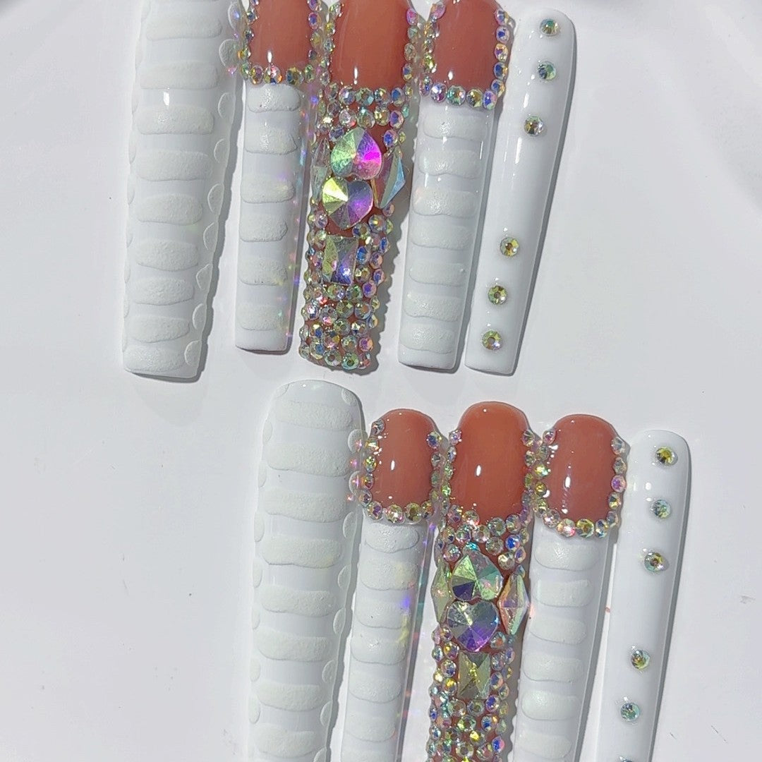 White Crystal Luxe French Press On Nail Set