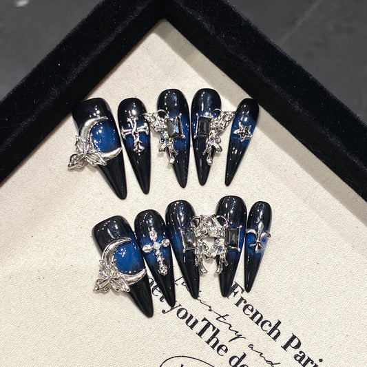 Pure handmade nails metal sense dark series Spice girls wear nail art Internet celebrity popular butterfly dark goth | 365nails