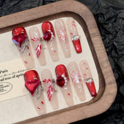365nails: "Crimson Blossom" – Hand-Painted Floral & Gemstone Accents Press-On Nails Coffin Nails