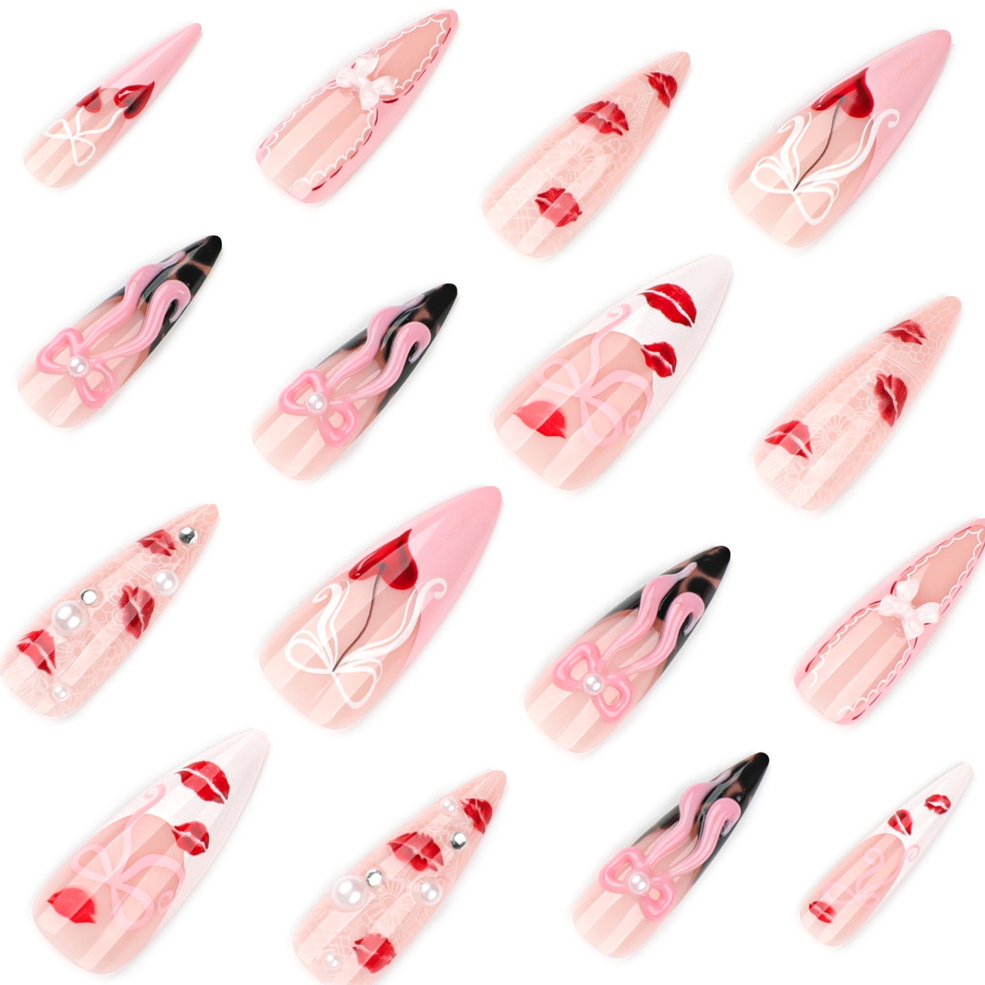 Sweet pink bow red lip print heart press-on nails