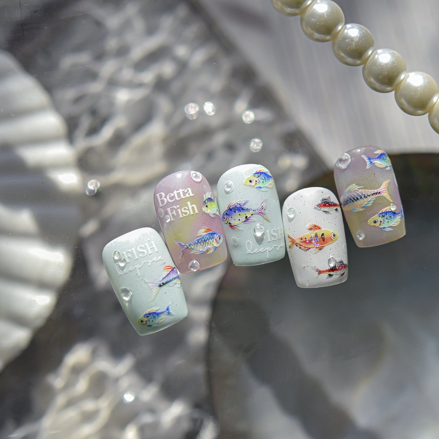 Holographic Tropical Fish & Ocean Script Nail Sticker Set – "Deep Sea Tropical School"