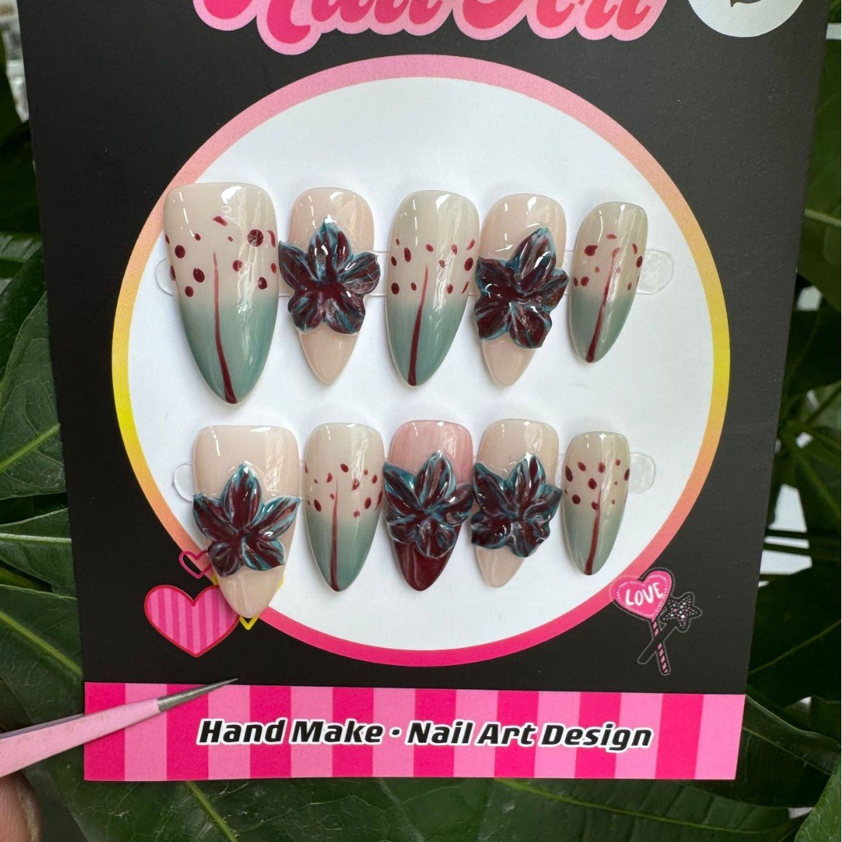 365nails: "Midnight Bloom" – 3D Floral Handmade Stiletto Nails