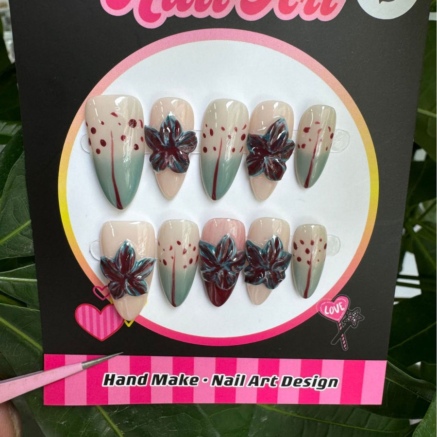 365nails: "Midnight Bloom" – 3D Floral Handmade Stiletto Nails