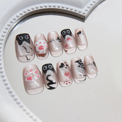 Pontas de unha pré-fabricadas, unhas postiças, gatinho fofo removível, pedaço de unha olho de gato que persegue a luz, remendo de unha curto em T｜365nails
