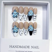 365nails-Edgy Bloom: "Devil's Blue Flower" – Medium Almond Handmade Nails