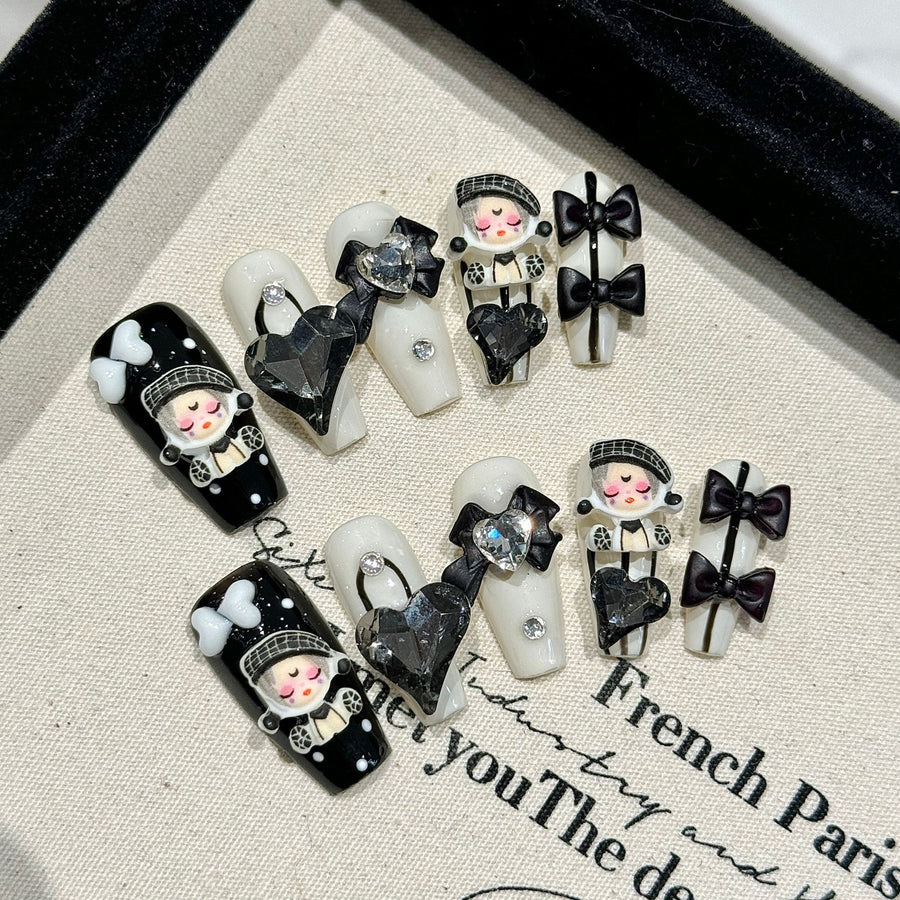 365nails: "Dark Pop Queen" – 3D Doll & Heart Charm Handmade Medium Coffin Nails