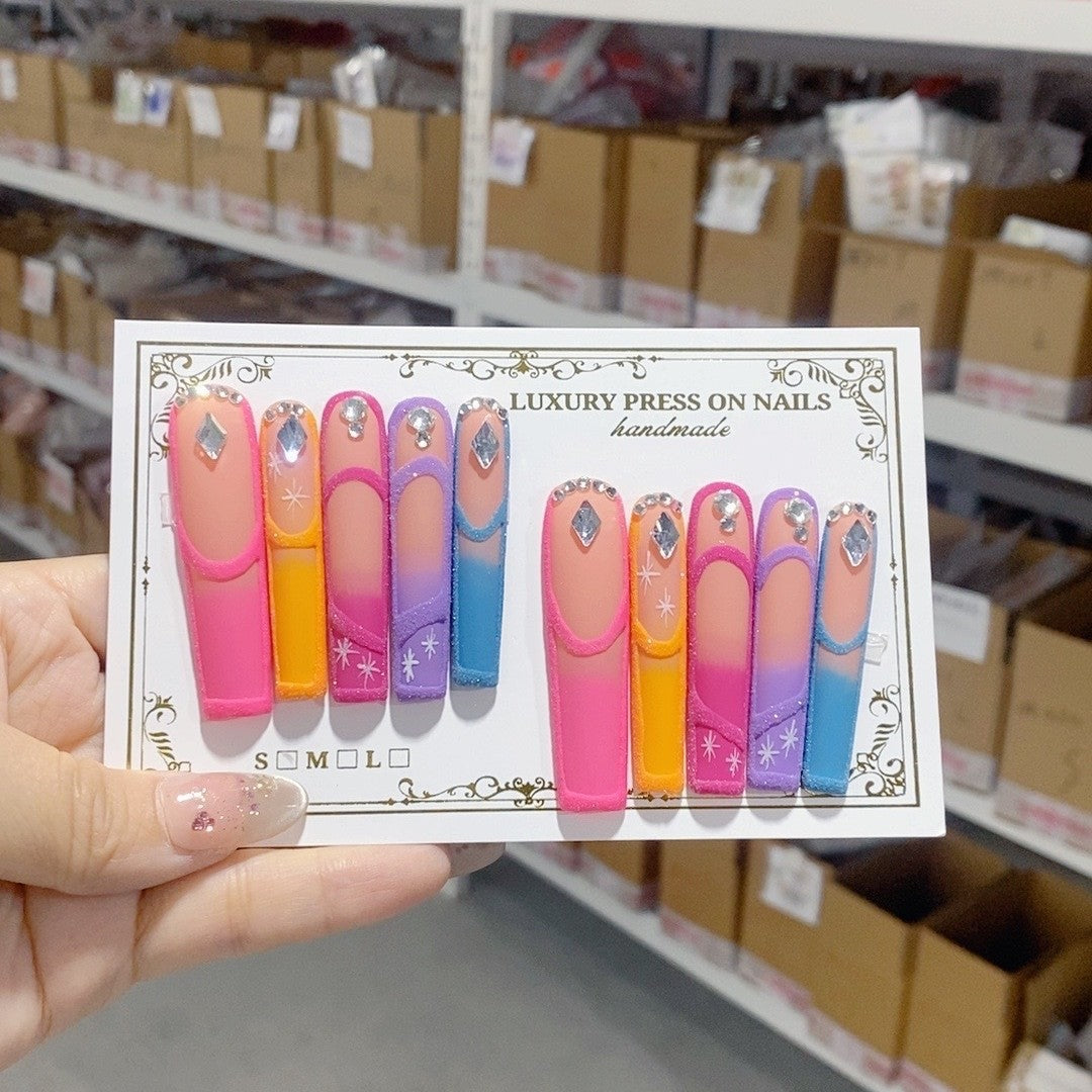 Retro Colorblock Crystal Gradient Press On Nails