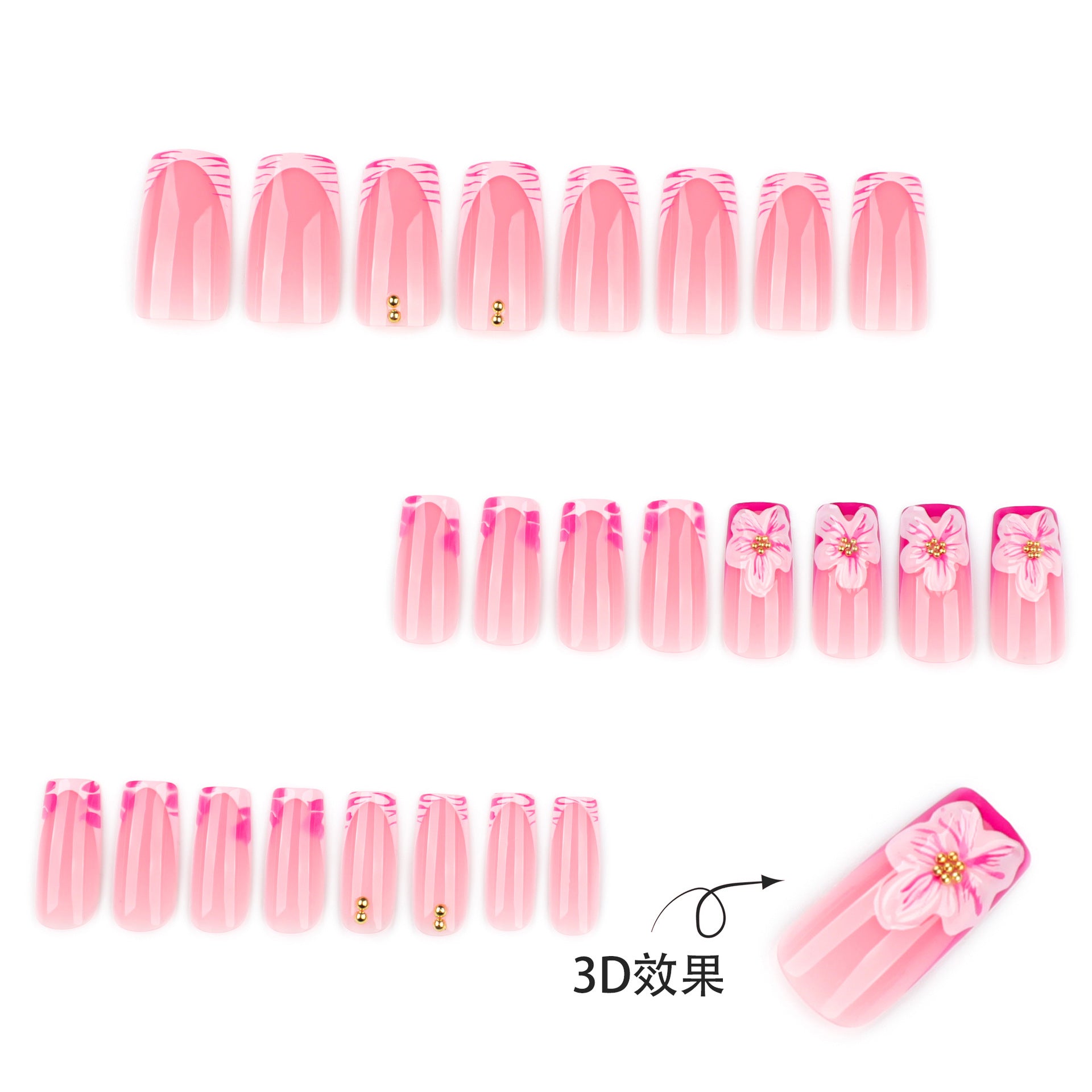法式粉色斑馬紋穿戴甲 中長款 方形 3D花朵 假甲｜365nails