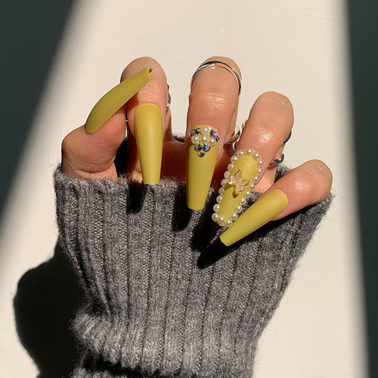 Mustard yellow-green  butterfly nail art full drill nail patch white   nail art wholesale｜365nails