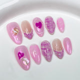 Uñas postizas de verano estilo Spice Girl Barbie Princess, color rosa, almendra, pintadas a mano, con relieve de concha, hechas a mano | 365nails