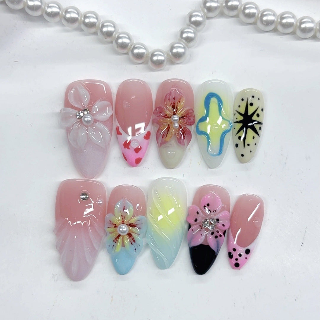 Floraison tropicale : "Fantaisie florale" – Ongles press-on faits main amande mi-longs