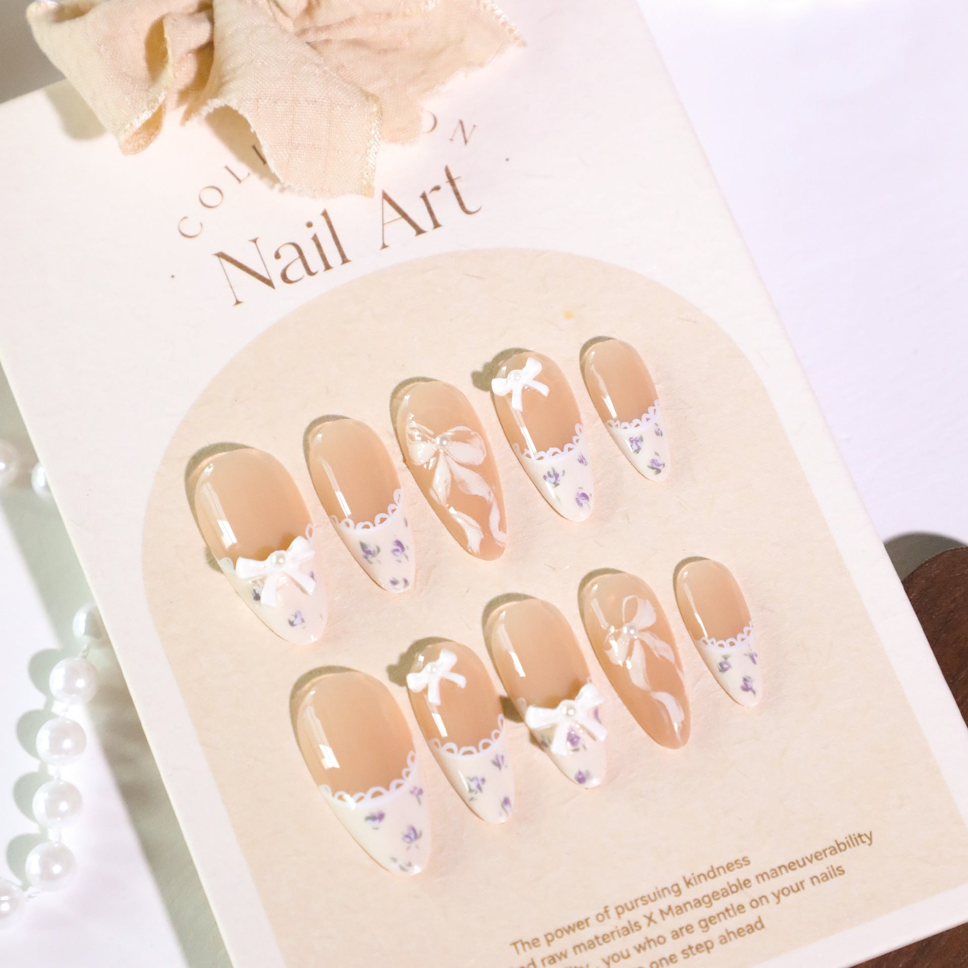 甜美短款杏仁形甲片 法式緞帶蝴蝶結｜365nails