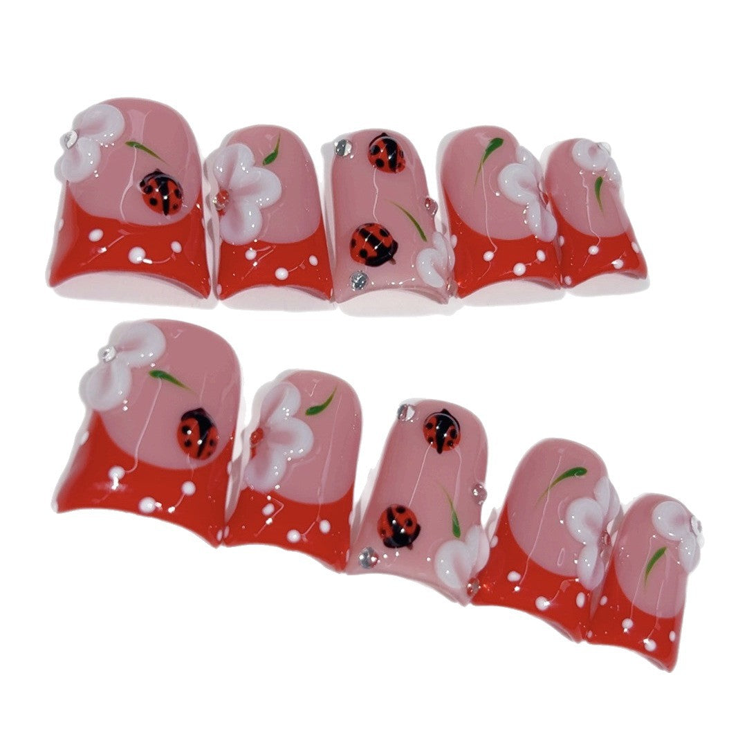 Whimsical Garden: "Ladybug Blossom" – Square Shape Handmade Press-On Nails