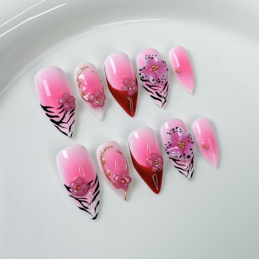 Sweet Punk Floral Nails with 3D Sculpted Accents