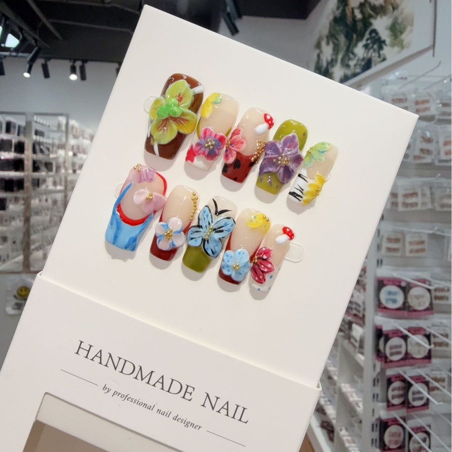 365nails: "Enchanted Bloom" – 3D Floral & Butterfly Handmade Almond Nails