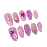 Uñas postizas de verano estilo Spice Girl Barbie Princess, color rosa, almendra, pintadas a mano, con relieve de concha, hechas a mano | 365nails