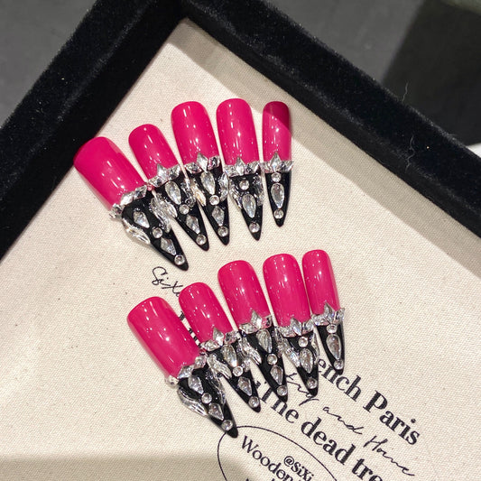 style extra long handmade nails new exaggerated Spice Girl pink liquid silver metal wind removable | 365nails