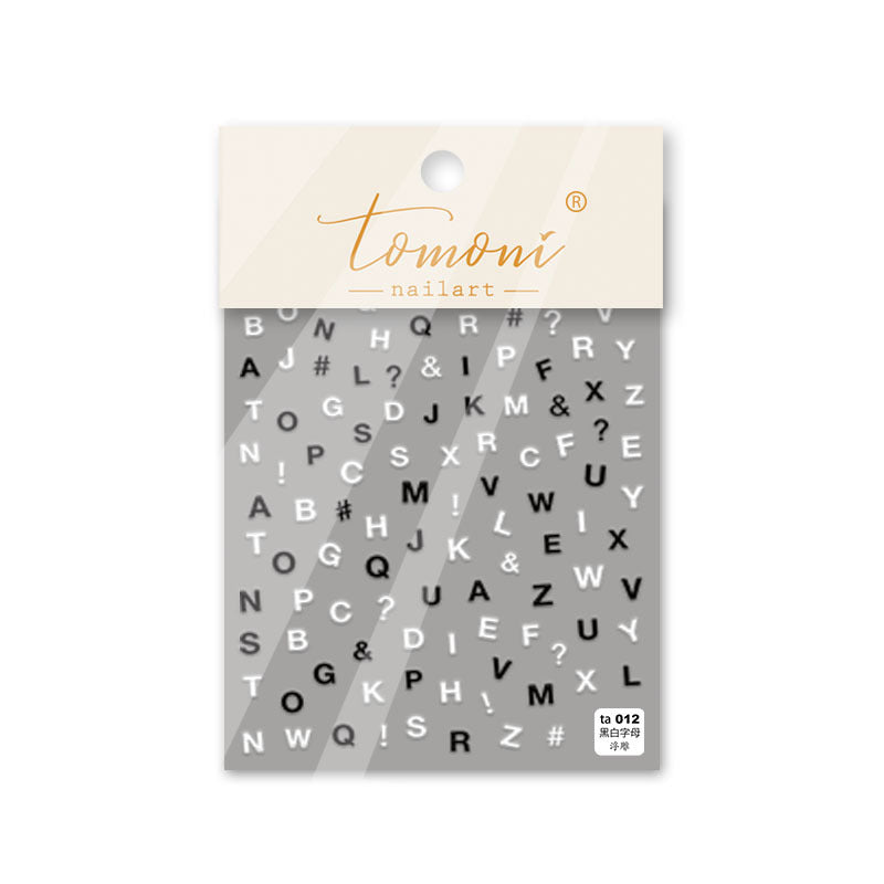Black & White Alphabet Nail Stickers – 5D Embossed Minimalist Set