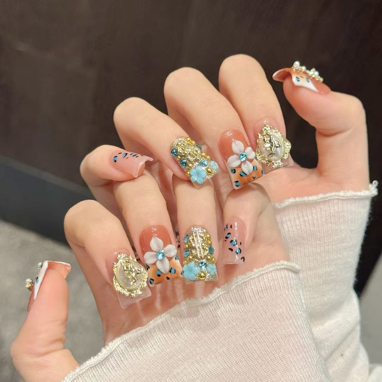 Golden Cross Floral Glam Coral Duckbill Press On Nails
