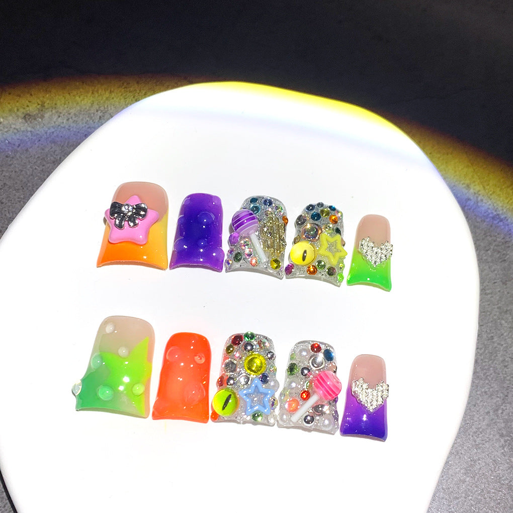Neon Candy Star Crystal Short Press On Nails