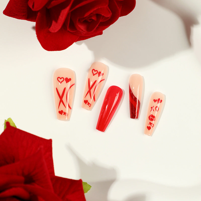 Wear nail pads wholesale Valentine's Day hypotenuse red French love lip print red wear nail manicure wear nail｜365nails
