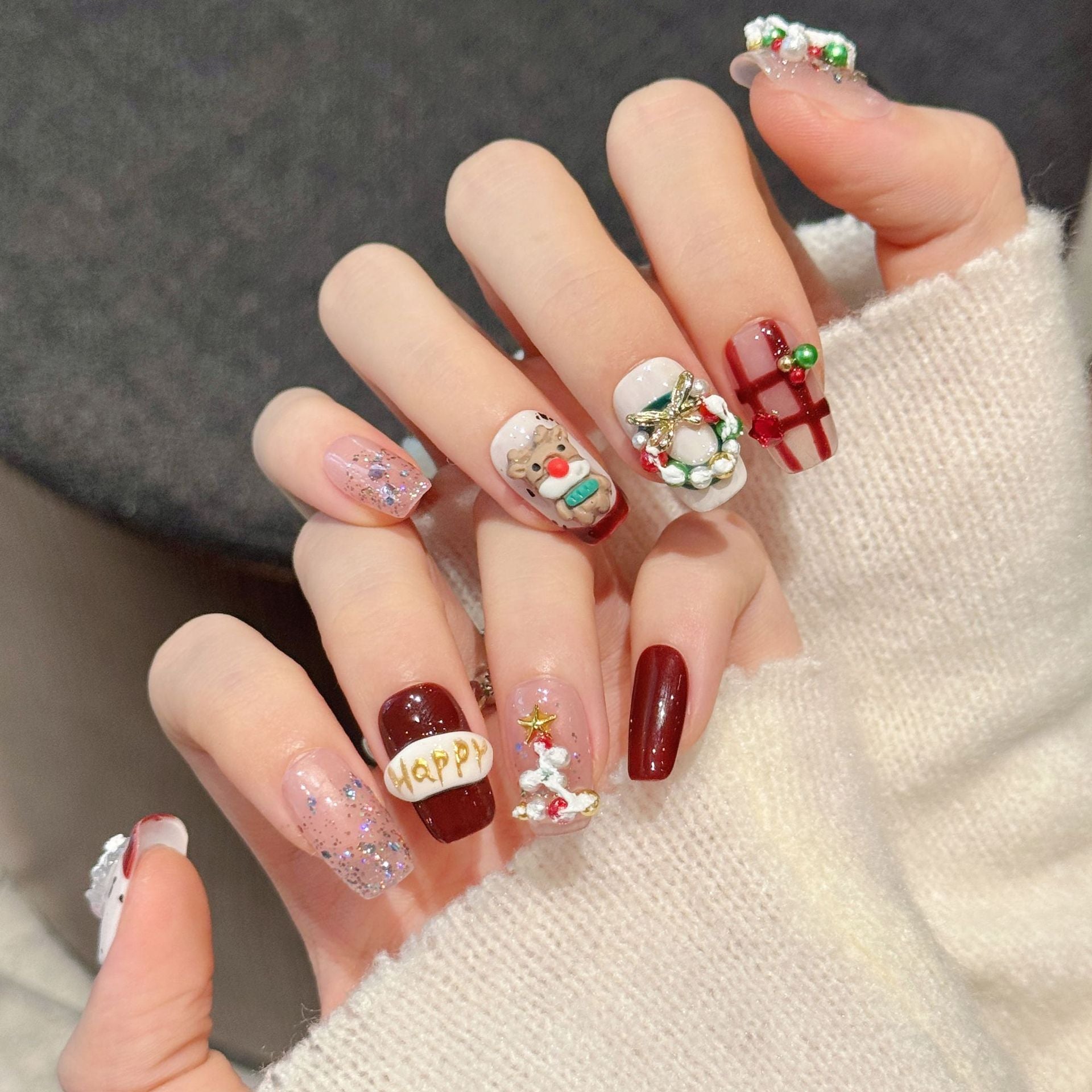 Festive Red Reindeer Santa Holiday Nails