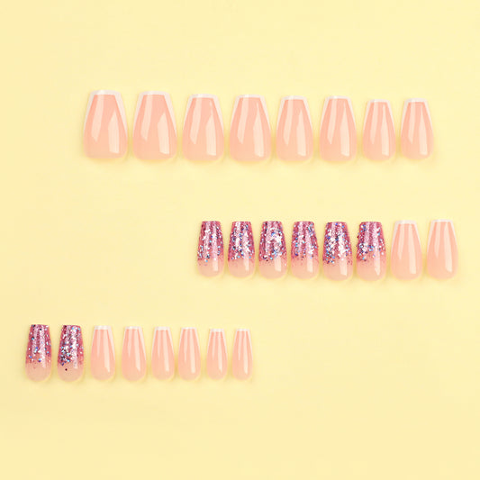 New nude French white edge press on nails colorful purple glitter sequins nail piece ballet nail piece wholesale｜365nails