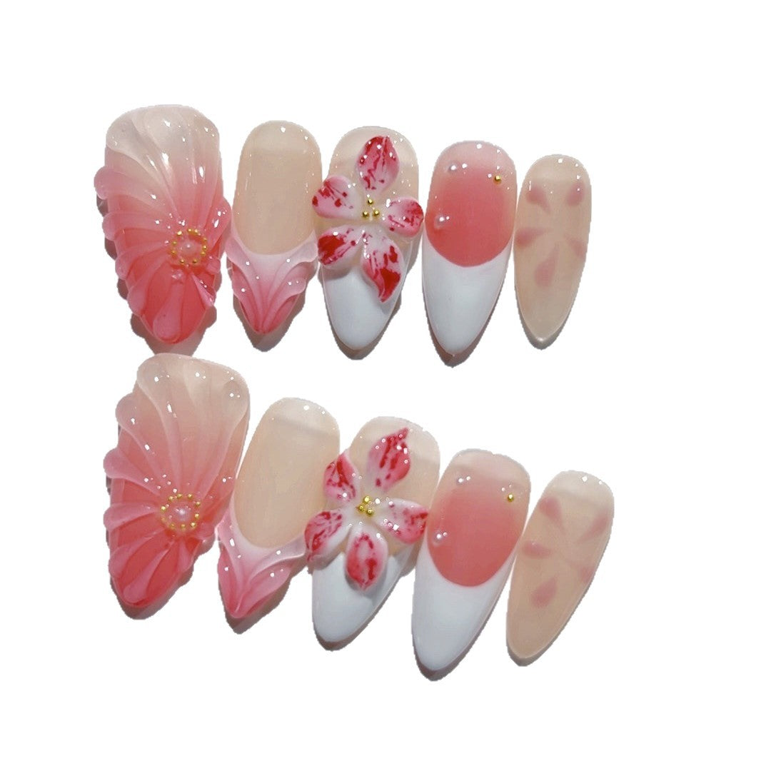 365nails: 코랄 사쿠라 그라데이션 – 미디엄 아몬드형 핑크 꽃무늬 수제 프레스온 네일