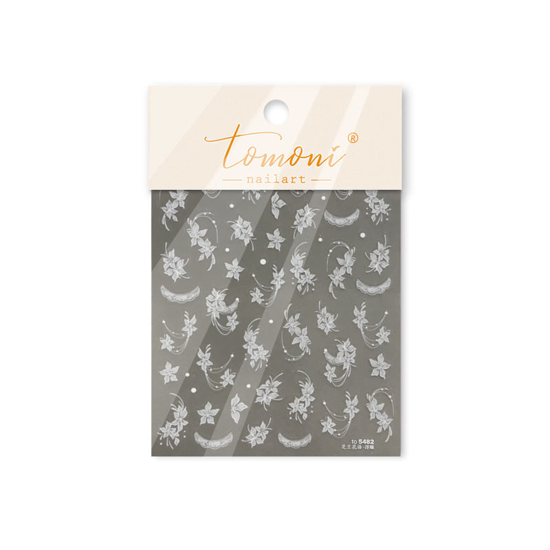White Lace Orchid Collection: "Elegant White Lace Orchid & Moon" – 3D Embossed Nail Sticker
