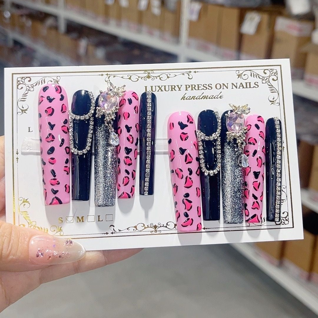 Pink Leopard Black Glam Press On Nail Set