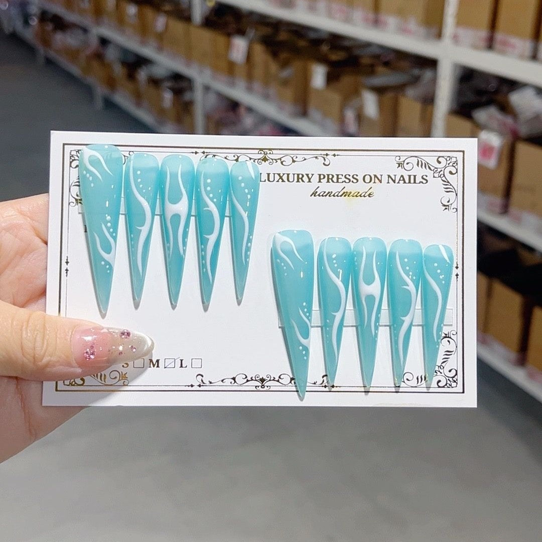 Aqua Flame Y2K Glossy Press On Nail Set