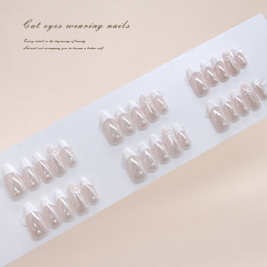 Nail Tips  prefabricated nail electroplated three-dimensional bow white French pearl temperament removable wearable nail 30 pieces｜365nails