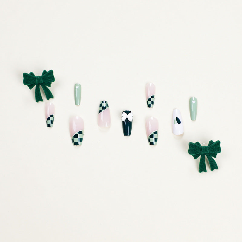 Press onable nails Art  Matcha Chessboard nails Art Whitening nails  Press onable nails Art Wholesale nails｜365nails