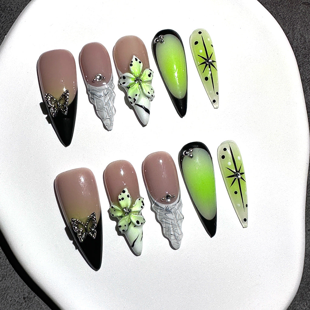 Neon Green Gradient Floral Edge Art Press On Nails
