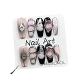 Uñas postizas hechas a mano, diseño de Spice Girl, estilo ojo de gato, diseño de uñas medianas y largas, con parches, para uso industrial, pintadas a mano, para llevar ｜365nails